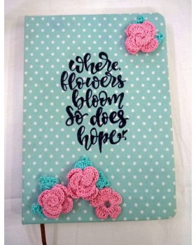 Diary with Crochet Embellished Pink Flowers and Leaves